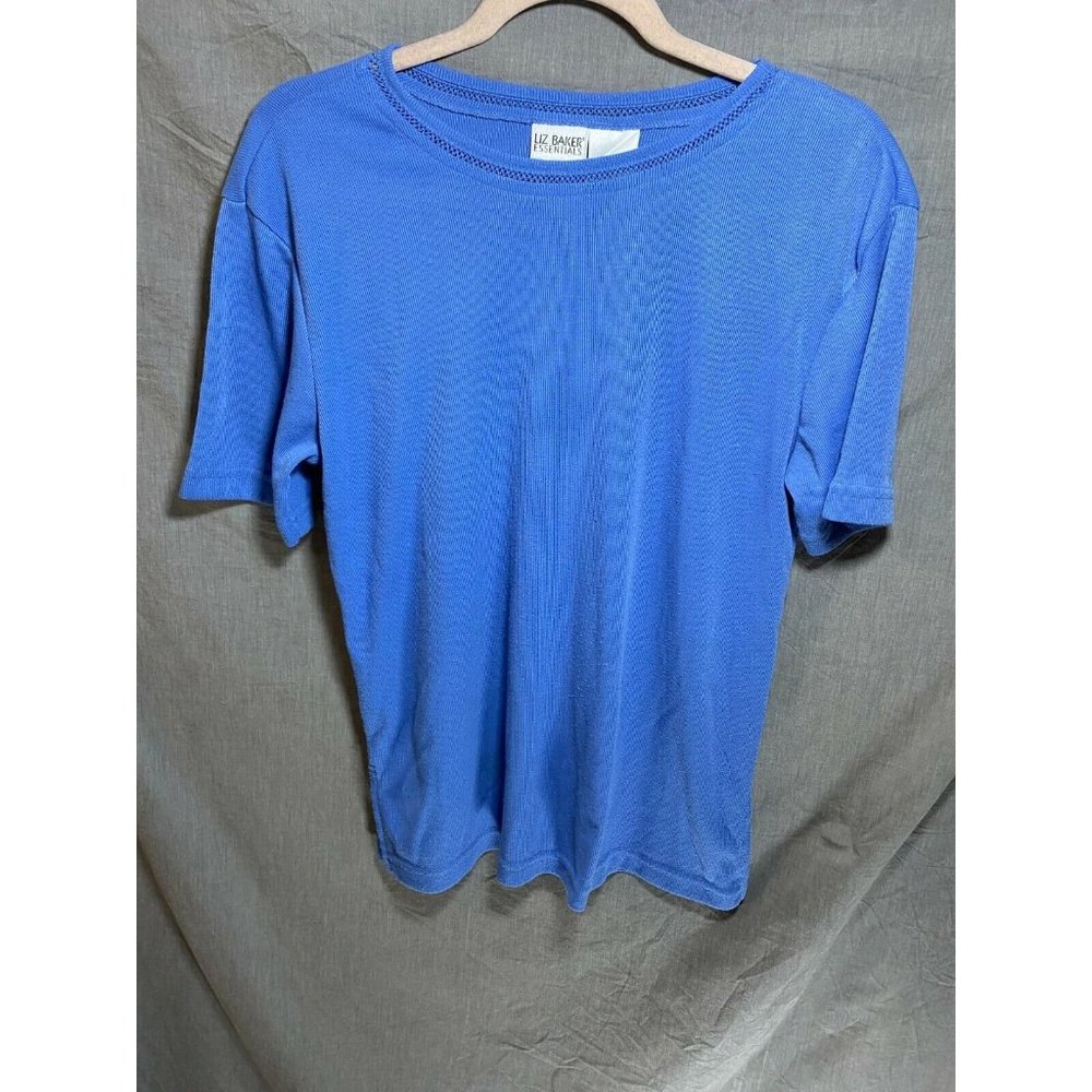 Liz Bakers Essentials Shirt Womens Medium Petite Blue Short Sleeve Tunic Ladies.